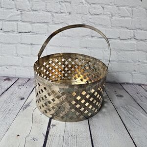 Vintage Silver Woven Lattice Basket Planter - 90s Boho Decor